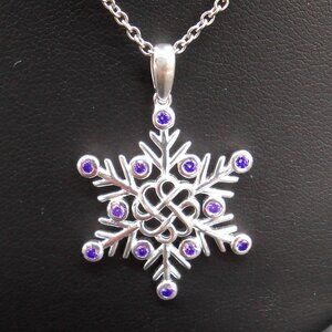 Necklace Simulated Blue Diamond Snowflake in Sterling w/ Stainless Steel chain